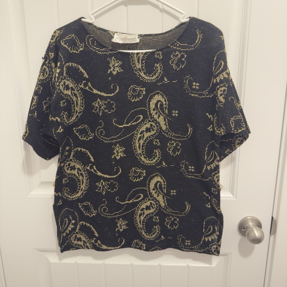Peppermint Casuals Vintage Black Gold Sparkle Design Short Sleeve Blouse NS
